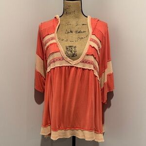 POL Coral Peasant Tunic with Cream Crochet Trim